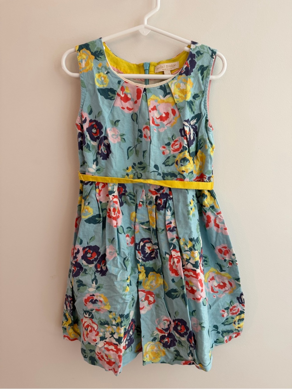 Mini Boden Floral Blue Dress with Yellow Trim